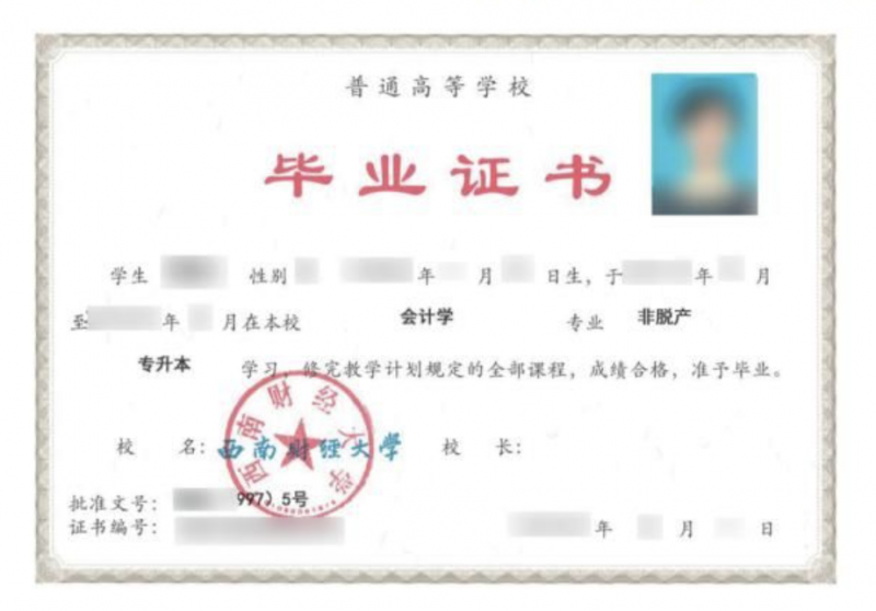 西南财经大学成教毕业证书样本